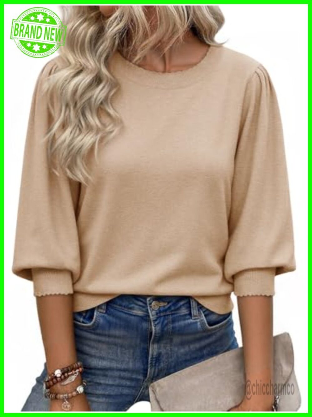 Women's 3/4 Puff Sleeve Knit Pullover Sweater Scallop Trim Casual Top